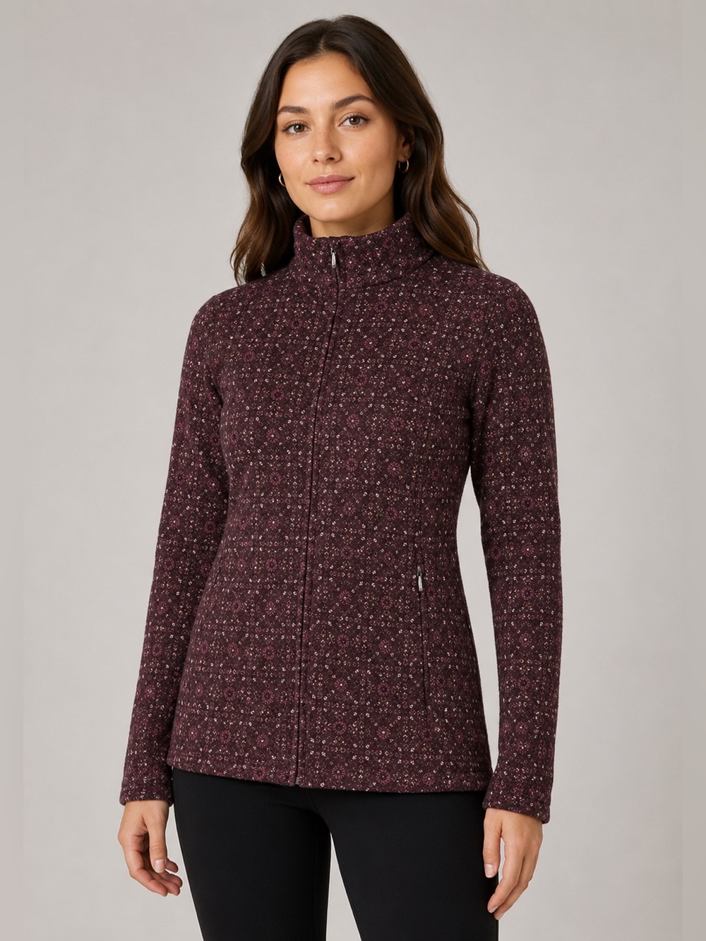 Ibex Juliet 100% Merino Wool Cardigan Zip Sweater Brown Print Medium
